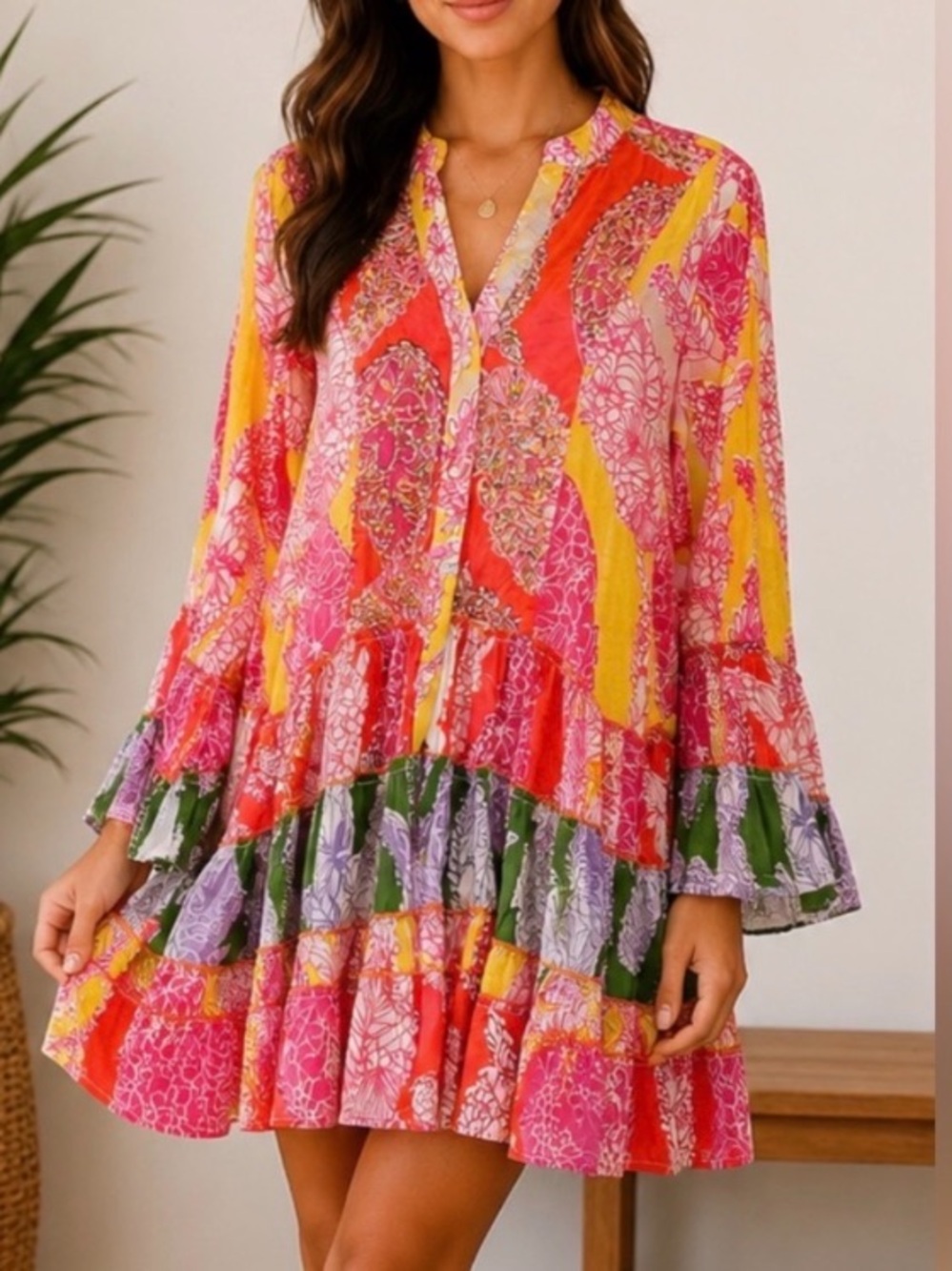 POL NWOT L Tiered BOHO BEADED SWING FLARE Babydoll 100% cotton colorful Dress
